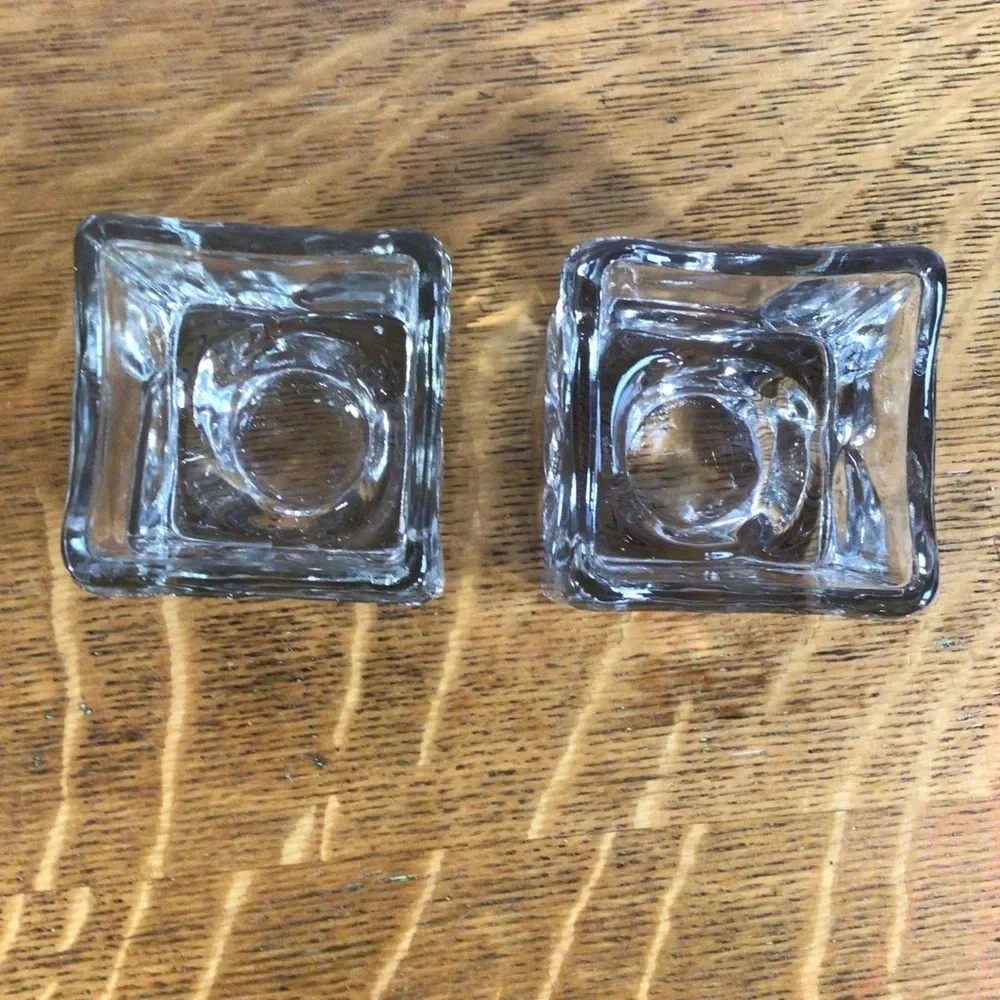 Heavy Clear Glass Square Candle Holder Pair
